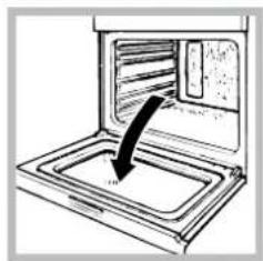 Simple line drawing of an oven with a black arrow pointing to the interior (no text or symbols)