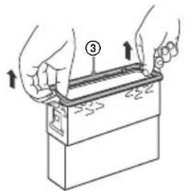 Diagram showing hands installing a component labeled '3' into a battery casing with arrows indicating direction.