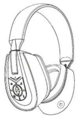 Line drawing of a pair of headphones with earbuds and decorative head cover (no text or symbols)