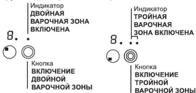 Индикатор ДВОЙНАЯ ВАРОЧНАЯ ЗОНА ВКЛЮЧЕНА 8... Индикатор ТРОЙНАЯ ВАРОЧНАЯ ЗОНА ВКЛЮЧЕНА 8... Кнопка ВКЛЮЧЕНИЕ ДВОЙНОЙ ВАРОЧНОЙ ЗОНЫ Кнопка ВКЛЮЧЕНИЕ ТРОЙНОЙ ВАРОЧНОЙ ЗОНЫ