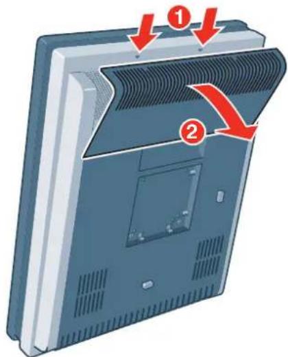 Diagram showing a computer monitor with labeled parts and directional arrows indicating process flow or movement.