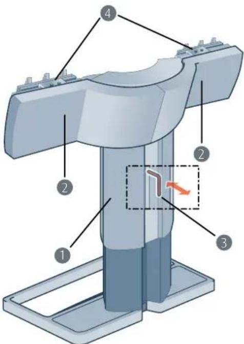 Technical diagram of a mechanical device with numbered components and a highlighted section showing a red arrow indicating a specific feature.