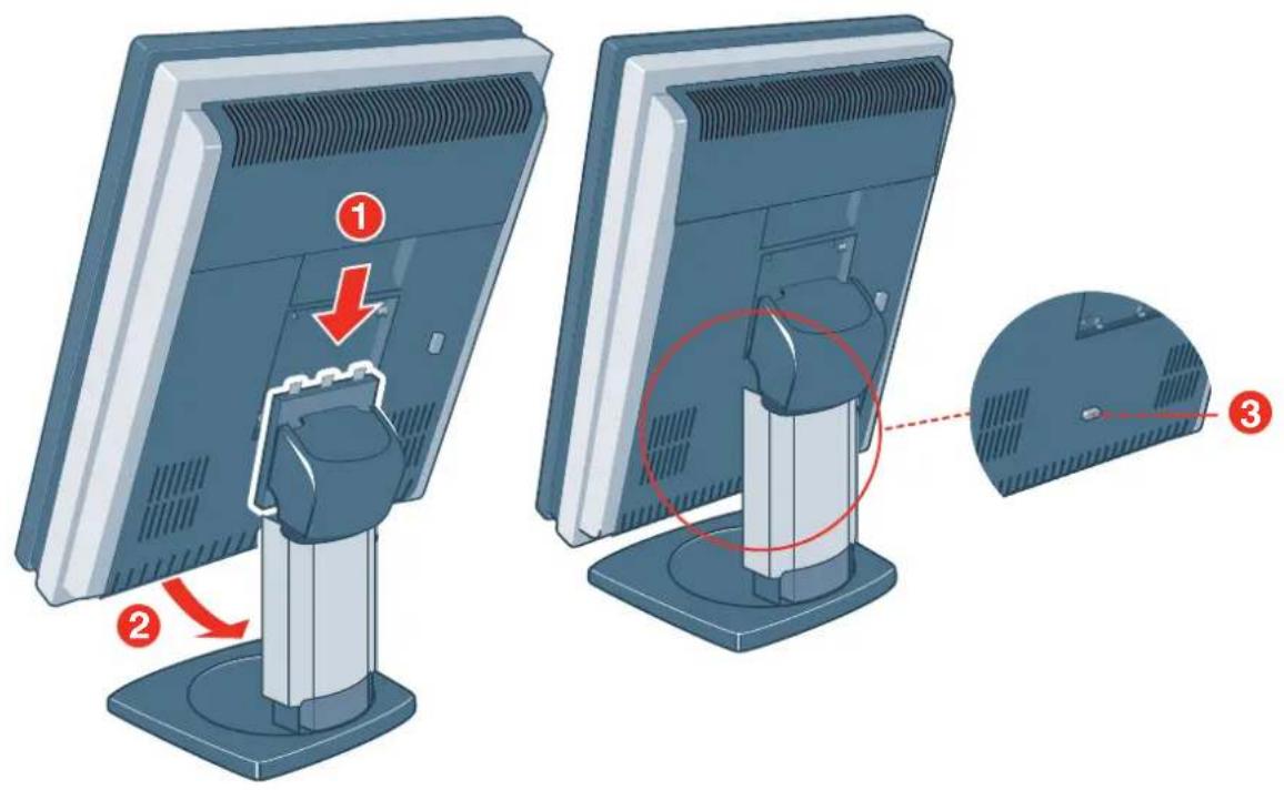 Diagram showing three steps of a computer monitor display with labeled parts and directional arrows indicating assembly or adjustment.