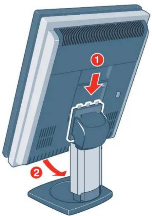 Diagram of a computer monitor with labeled parts and directional arrows indicating assembly or disassembly.