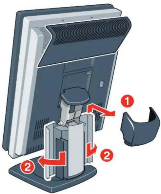 Diagram showing a device with labeled parts, including a computer monitor and a plastic component with red arrows indicating flow or movement.