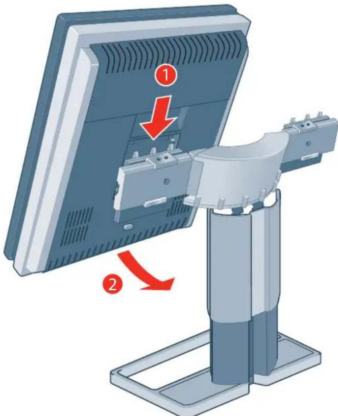 Diagram showing a computer monitor with labeled parts and red arrows indicating disassembly or reassembly steps.
