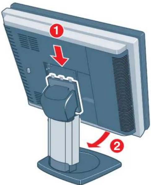 Diagram showing a computer monitor with labeled parts and directional arrows indicating assembly or disassembly.