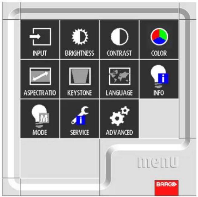 INPUT BRIGHTNESS CONTRAST COLOR ASPECTRATIO KEYSTONE LANGUAGE INFO MODE SERVICE ADVANCED menu BARCO®