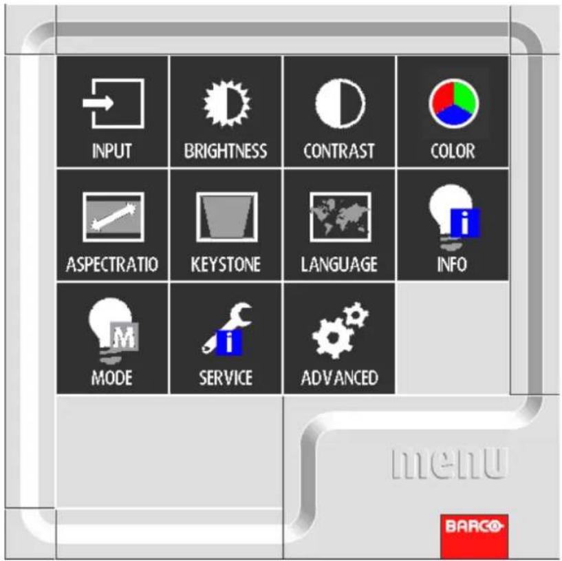 INPUT BRIGHTNESS CONTRAST COLOR ASPECTRATIO KEYSTONE LANGUAGE INFO MODE SERVICE ADVANCED menu BARCO