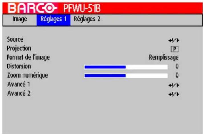 BARCO PFWU-51B Image Réglages 1 Réglages 2 Source Projection Format de l'image Distorsion Zoom numérique Avancé 1 Avancé 2 Remplissage 0 0 < img src="1234500000000000000000000000000000000000000000000000000000000000000000000000 < img src="12345000000000000000000000000000000000000000000000000