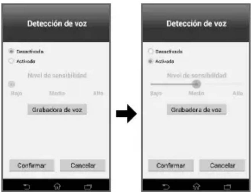 Detección de voz Deactivada Activada Nivel de sensibilidad Rajo Media Alto Grabacora de voz Confirmar Cancelar Detección de voz Deactivada Activada Nivel de sensibilidad Rajo Media Alto Grabacora de voz Confirmar Cancelar