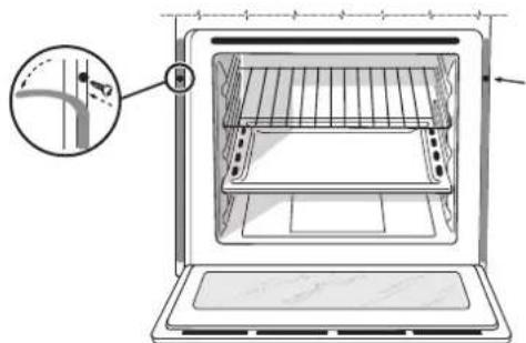 Diagram of an oven with a close-up view showing internal structure and a magnified detail of the interior panel.