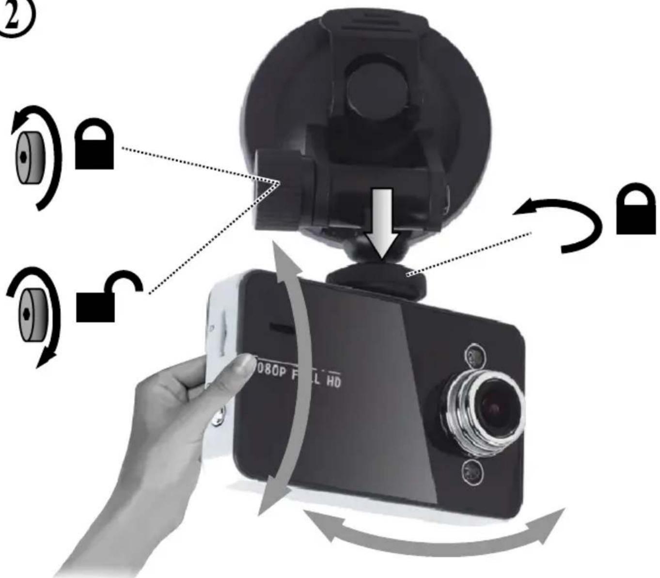 Diagram illustrating the step-by-step installation of a digital camera, showing lock operation and rotation around the lens.