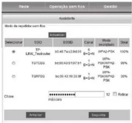 Rede Operação sem fios Gestão Assistente Modo de repetidor sem fios Actualizer Selecionar SSID BSSID Canal Mode enoristrado Sinal TP- LINK_Testrouter bc:48.7a:c3.8d:06 6 B+G+N WPA2-PSK 100% TGTCEG bc:06:43:51:07:01 1 B+G+N WPA- PSK/WPA2- PSK 95% TQRFEG bc:05:43:19:35:0f 1 B+G+N WPA- PSK/WPA2- PSK 35% Chave ************ máscara 12 Retirar Anterior Seguinte