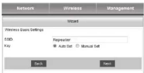 Network Wireless Management Wizard Wireless Basic Settings SSID Repeater Key Auto Set Manual Set Back Next