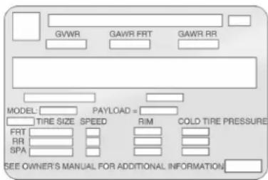 GVWR GAWR.FRT GAWR.RR MODEL: PAYLOAD= TIRE SIZE SPEED RIM COLD TIRE PRESSURE FRT RR SPA SEE OWNER'S MANUAL FOR ADDITIONAL INFORMATION