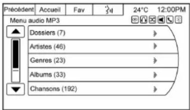 Précédent Accueil Fav 24°C 12:00PM Menu audio MP3 Dossiers (7) Artistes (46) Genres (23) Albums (33) Chansons (192)