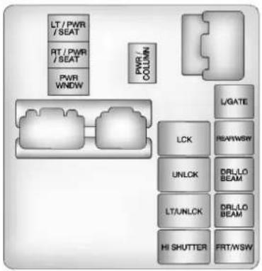 graph TD A["LT / PWR / SEAT"] --> B["PWR / COLUMN"] C["RT / PWR / SEAT"] --> B D["PWR / WNDW"] --> B E["LCK"] --> F["ULGATE"] G["UNLOCK"] --> H["HEAVWSW"] I["LT/UNLOCK"] --> J["DRL/LO BEAM"] K["HI SHUTTER"] --> L["FRT/WSW"]
