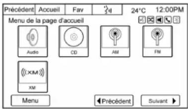 Précédent Accueil Fav 24°C 12:00PM Menu de la page d'accueil Audio CD AM FM ((XM) XM Menu Précédent Suivant