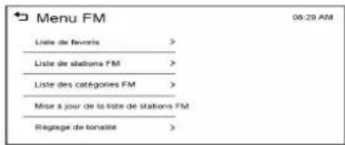 Menu FM Liste de favors > Liste de stations FM > Liste des catégories FM > Mise à jour de la liste de stations FM Reglage de tonnalte >