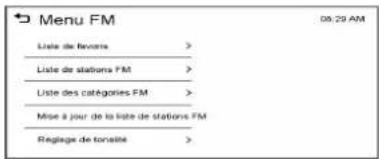 Menu FM Liste de favors > Liste de stations FM > Liste des catégories FM > Mise à jour de la liste de stations FM Reglage de tonabilité >