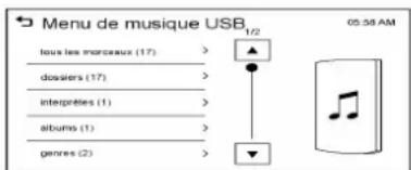 Menu de musique USB lous les morceaux (17) > dossiers (17) > interprétés (1) > albums (1) > genres (2)
