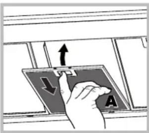 Diagram showing a hand pressing down an object with directional arrows labeled A and B, indicating movement or force direction.