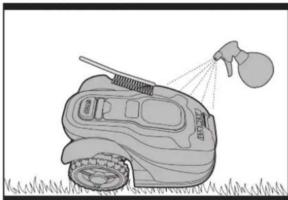 Illustration of a grass lawn cleaning robot with a spray gun emitting mist (no text or symbols)