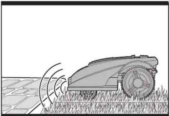 Line drawing of a tracked robotic lawn with motion lines indicating speed (no text or symbols)