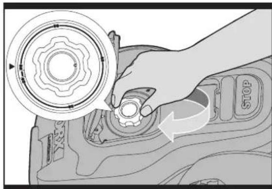 Hand operating a mechanical component with a circular inset showing gear and a directional arrow (no text or symbols)
