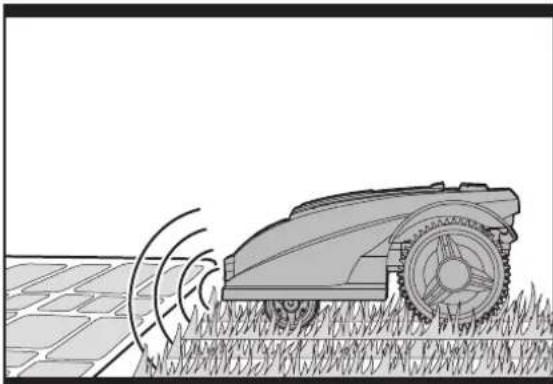 Line drawing of a tracked robotic lawn with motion lines indicating speed (no text or symbols)