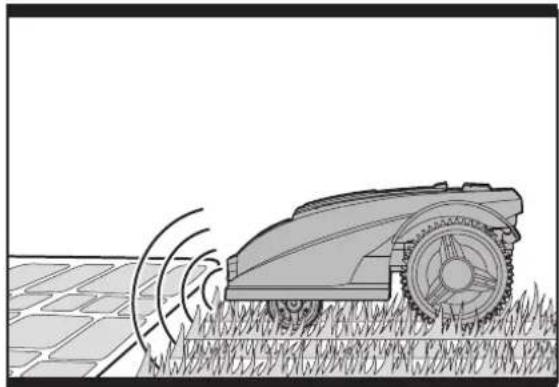Illustration of a tracked robotic lawn with signal waves on grass, no text or symbols present
