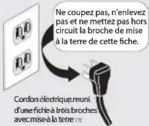 Ne coupez pas, n'enlevez pas et ne mettez pas hors circuit la broche de mise à la terre de cette fiche. Cordon électrique muni d'une fiche à trois broches avec mise à la terre