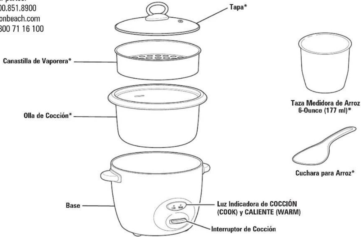 Tapa* Canastilla de Vaporera* Olla de Cocción* Base Luz Indicadora de COCCIÓN (COOK) y CALIENTE (WARM) Interruptor de Cocción Taza Medidora de Arroz 6-Ounce (177 ml)* Cuchara para Arroz*