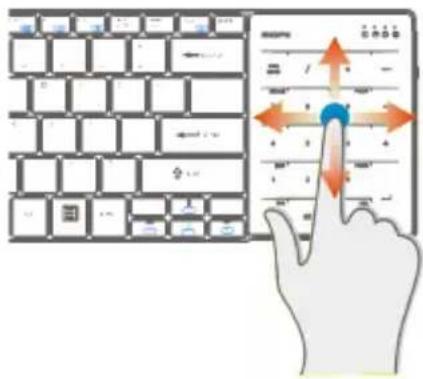 Illustration showing a hand interacting with a keyboard and a finger pointing at the screen, with directional arrows indicating movement or function.