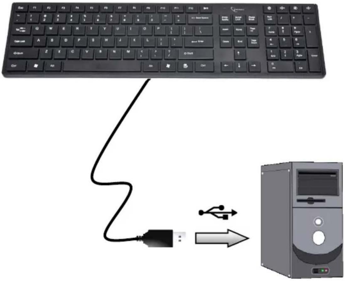 Diagram showing a computer keyboard connected to a desktop computer via USB cable, illustrating the connection and data transfer process.