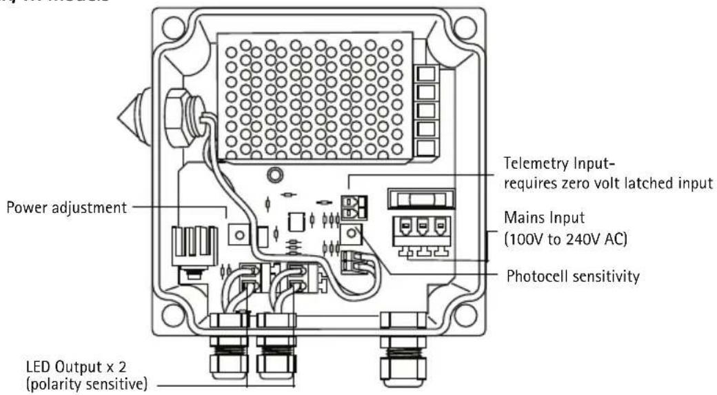 Telemetry Input- requires zero volt latched input Mains Input (100V to 240V AC) Photocell sensitivity Power adjustment LED Output x 2 (polarity sensitive)