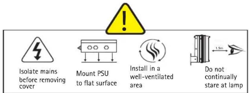 Isolate mains before removing cover Mount PSU to flat surface Install in a well-ventilated area Do not continually stare at lamp