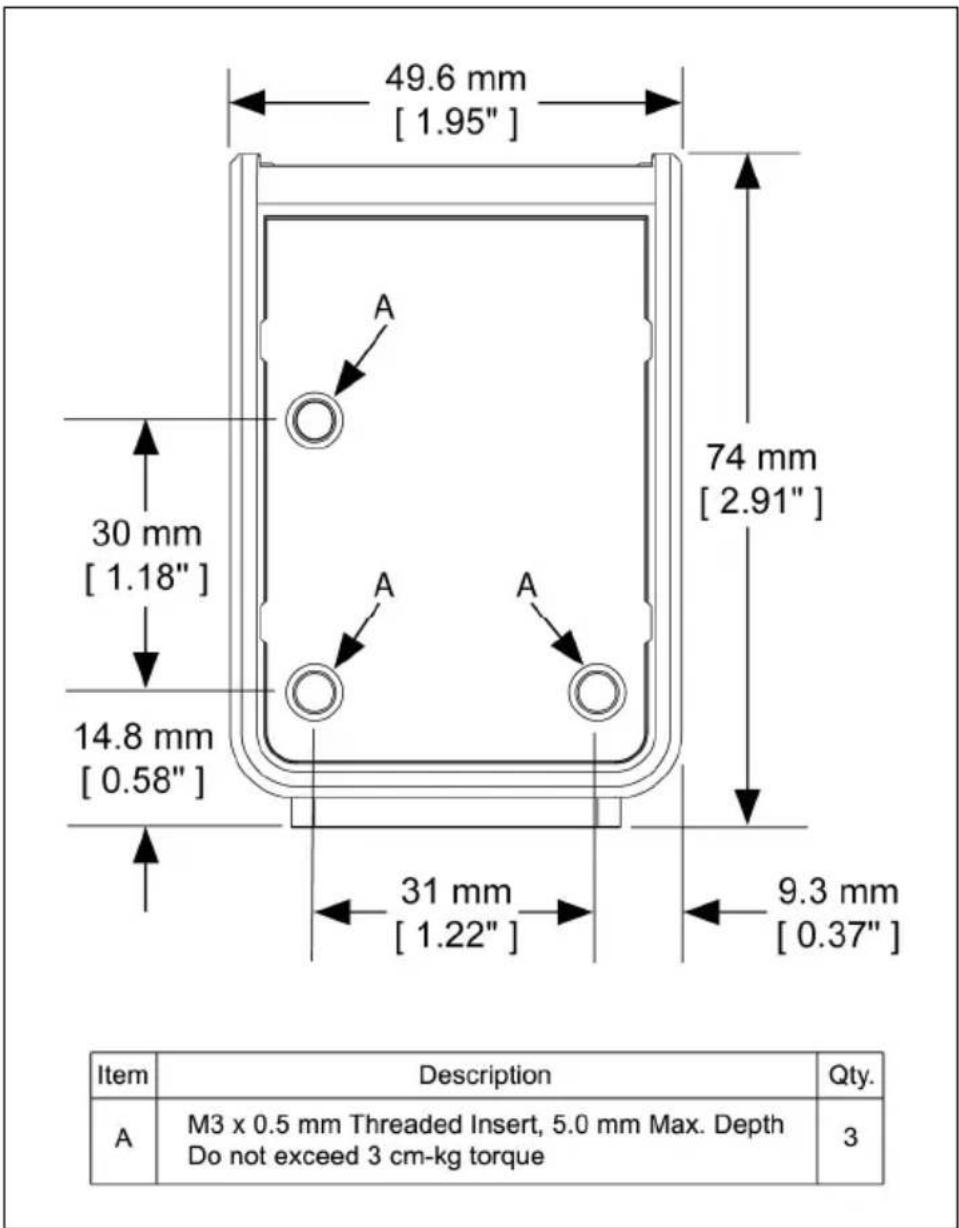 49.6 mm [1.95"] 30 mm [1.18"] 14.8 mm [0.58"] 74 mm [2.91"] 31 mm [1.22"] 9.3 mm [0.37"] Item Description Qty. A M3 x 0.5 mm Threaded Insert, 5.0 mm Max. Depth Do not exceed 3 cm-kg torque 3