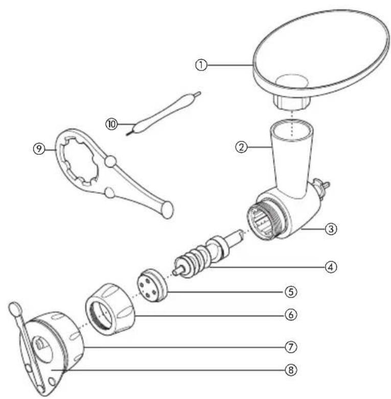 Exploded view diagram of a manual kitchen tool with numbered parts for identification