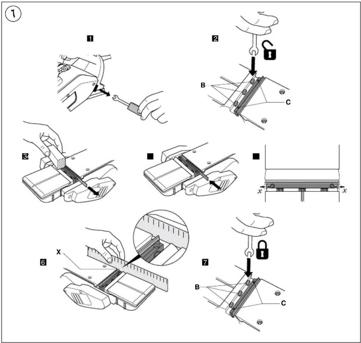 Technical diagram illustrating seven steps of a mechanical assembly or tooling procedure, labeled 1 through 7.