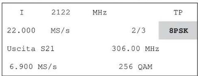 I 2122 MHz TP 22.000 MS/s 2/3 8PSK Uscita S21 306.00 MHz 6.900 MS/s 256 QAM