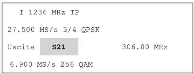 I 1236 MHz TP 27.500 MS/s 3/4 QPSK Uscita S21 306.00 MHz 6.900 MS/s 256 QAM