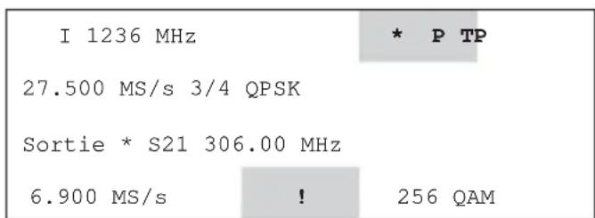 I 1236 MHz 27.500 MS/s 3/4 QPSK Sortie * S21 306.00 MHz 6.900 MS/s ! * P TP 256 QAM