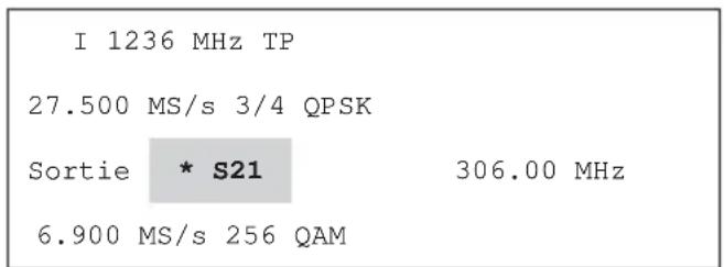 I 1236 MHz TP 27.500 MS/s 3/4 QPSK Sortie * S21 306.00 MHz 6.900 MS/s 256 QAM
