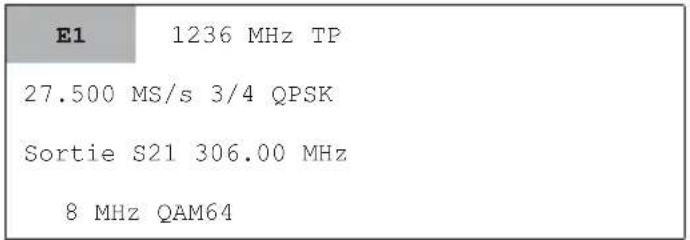 E1 1236 MHz TP 27.500 MS/s 3/4 QPSK Sortie S21 306.00 MHz 8 MHz QAM64