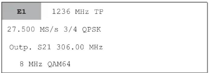 E1 1236 MHz TP 27.500 MS/s 3/4 QPSK Outp. S21 306.00 MHz 8 MHz QAM64