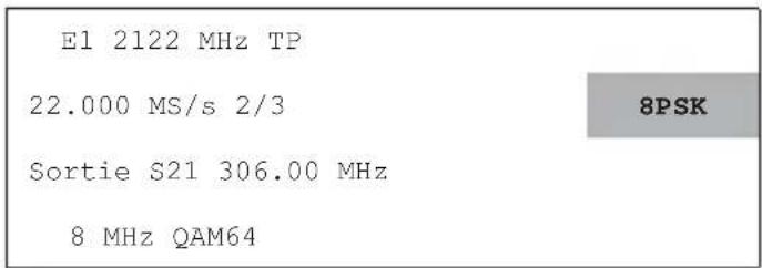 E1 2122 MHz TP 22.000 MS/s 2/3 Sortie S21 306.00 MHz 8 MHz QAM64 8PSK