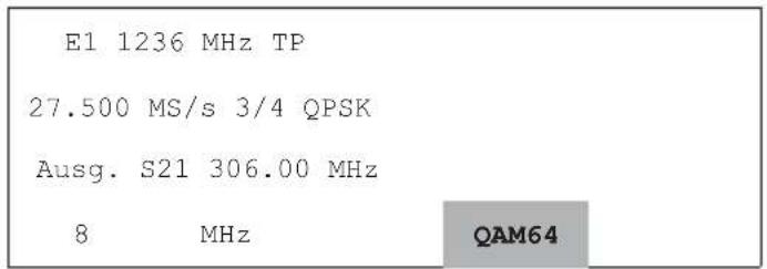 E1 1236 MHz TP 27.500 MS/s 3/4 QPSK Ausg. S21 306.00 MHz 8 MHz QAM64