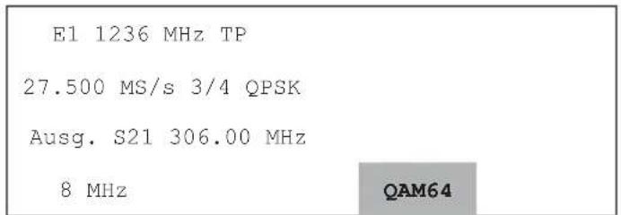E1 1236 MHz TP 27.500 MS/s 3/4 QPSK Ausg. S21 306.00 MHz 8 MHz QAM64